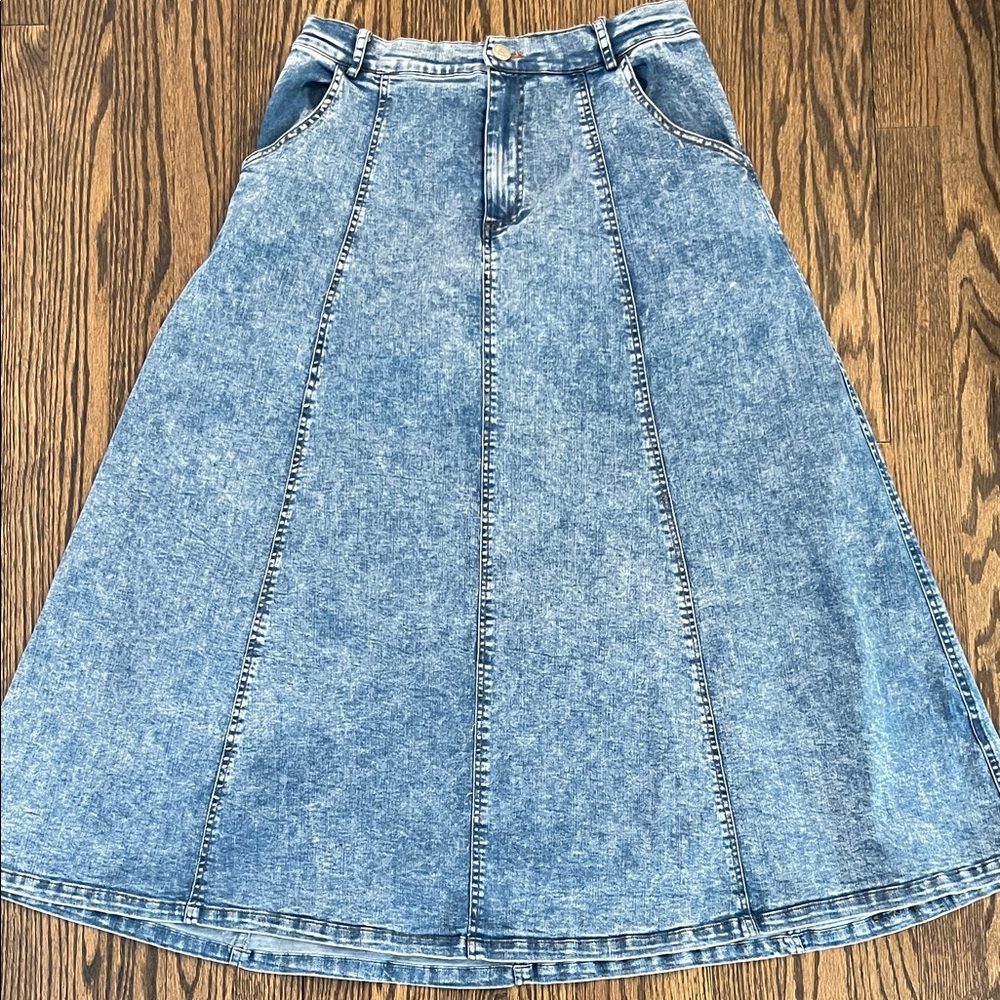 C’moi Blue Denim Panel Midi Skirt